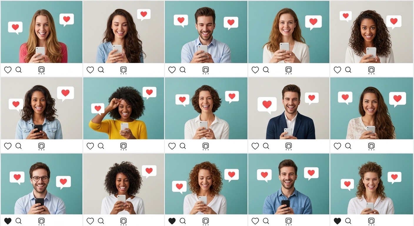 Como Conseguir Seguidores no Instagram: O Guia Completo para Crescer e Converter Seguidores 1 Uma grade de pessoas felizes segurando seus celulares, rodeadas por corações e curtidas, representando a popularidade nas redes sociais. Se você quer descobrir como conseguir seguidores no Instagram, engajamento e conteúdo relevante são fundamentais.