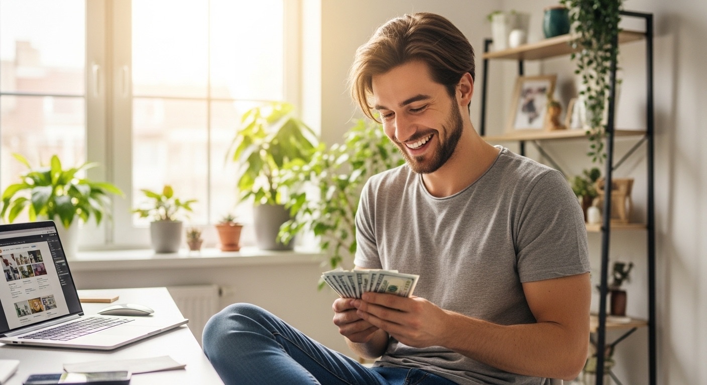 Como Ganhar Dinheiro na Internet com Pouco Investimento: O Que Funciona de Verdade? 2 homem jovem contando seu dinheiro depois de descobrir Como Ganhar Dinheiro na Internet