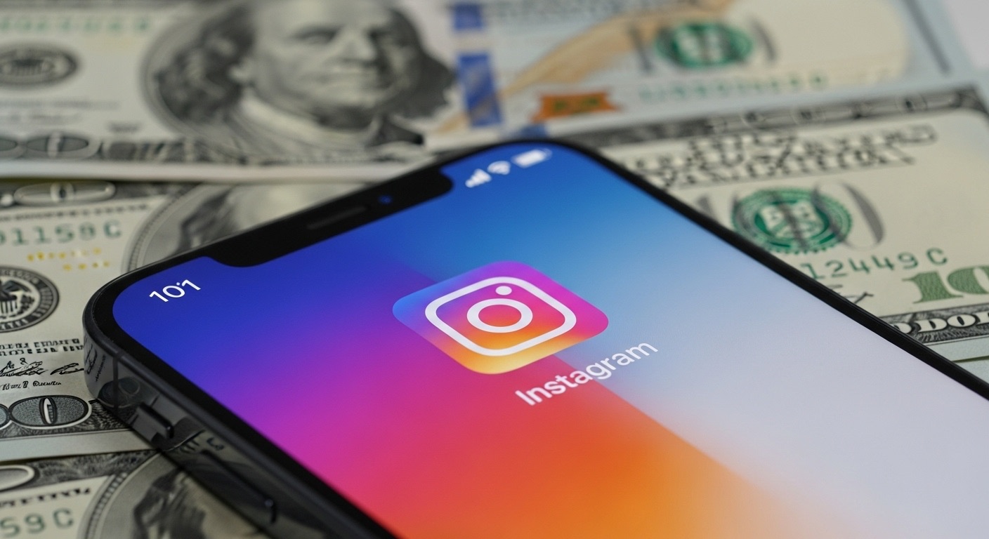 Como Ganhar Dinheiro na Internet com Pouco Investimento: O Que Funciona de Verdade? 3 Tela do Celular com um icone do Instagram e notas de dolares atrás. Lucro das estrategias que aprendeu Como Ganhar Dinheiro na Internet