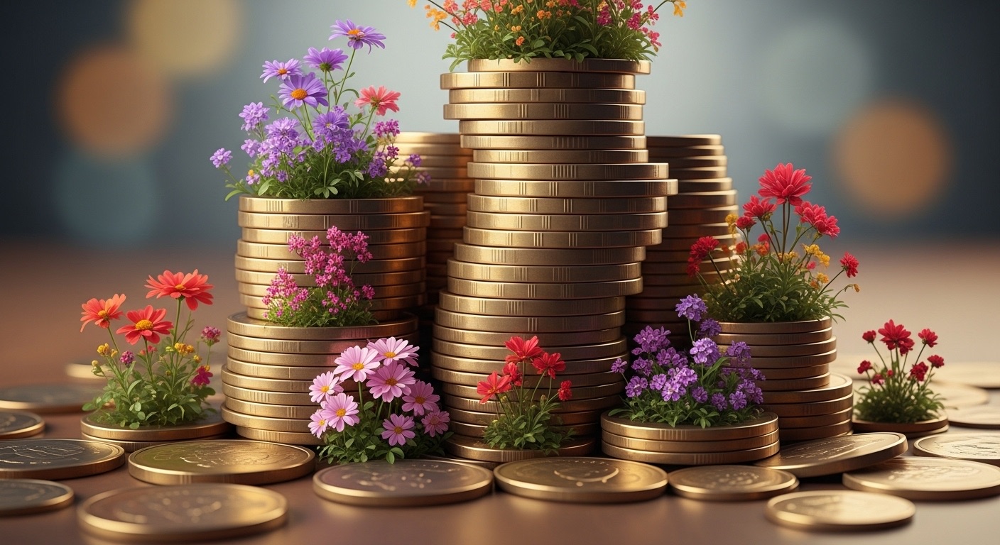 Como Ganhar Dinheiro na Internet com Pouco Investimento: O Que Funciona de Verdade? 6 Uma pilha de moedas douradas com flores nascendo, simbozilando como ganhar dinheiro na internet