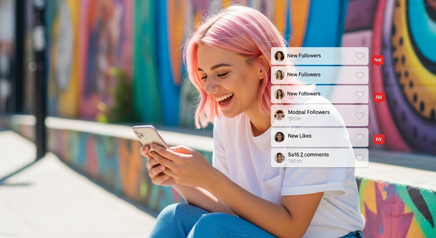 Mulher segurando seu celular com notificações na tela, feliz com seus seguidores no Instagram