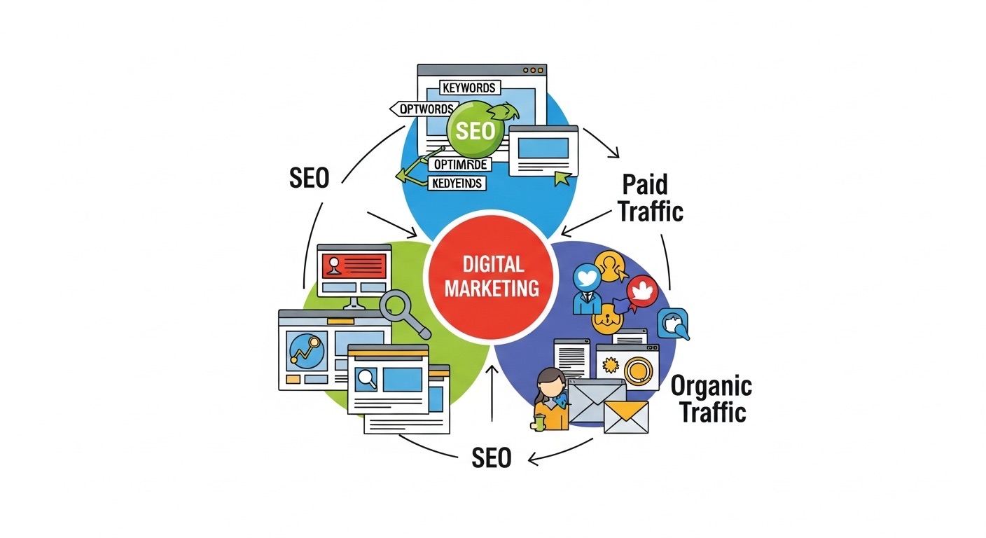 Quais são os Melhores Nichos para Criar Conteúdo em 2025 4 Representação gráfica de marketing digital, incluindo SEO e anúncios pagos, essenciais para alcançar um nicho altamente segmentado.