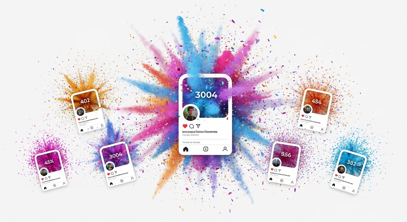 Como Comprar Seguidores Reais e Brasileiros com Segurança: Dicas e Estratégias 1 Representação gráfica de perfis do Instagram com efeitos de confetes, destacando o aumento de engajamento e crescimento da conta, simbolizando a ação de comprar seguidores para distribuir a visibilidade online.