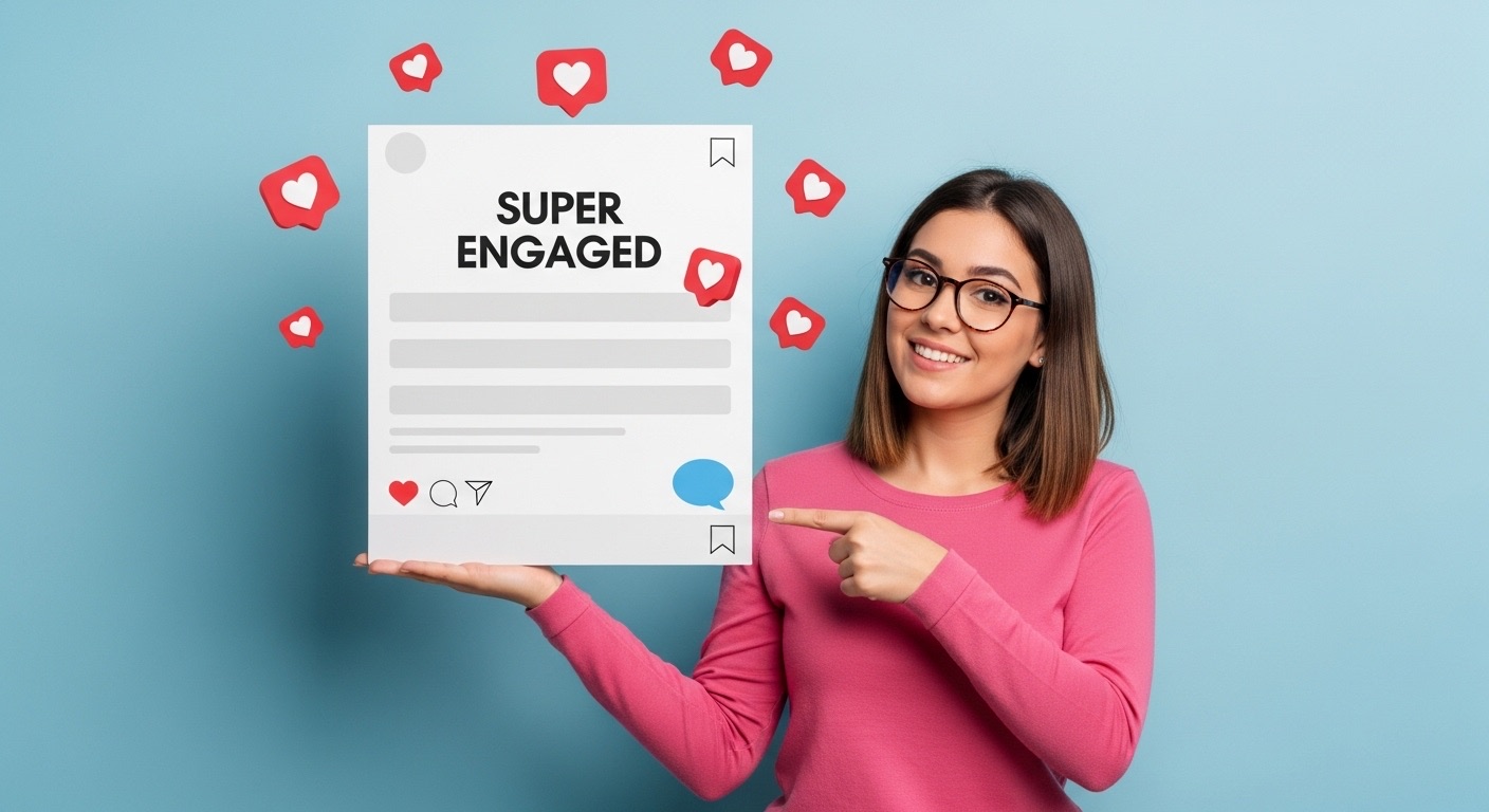 Como Comprar Seguidores Reais e Brasileiros com Segurança: Dicas e Estratégias 2 Jovem vestida de rosa, interagindo com um modelo digital do Instagram, cercada por ícones de curtidas, simbolizando a influência digital e o impacto positivo ao comprar seguidores para ampliar seu alcance.