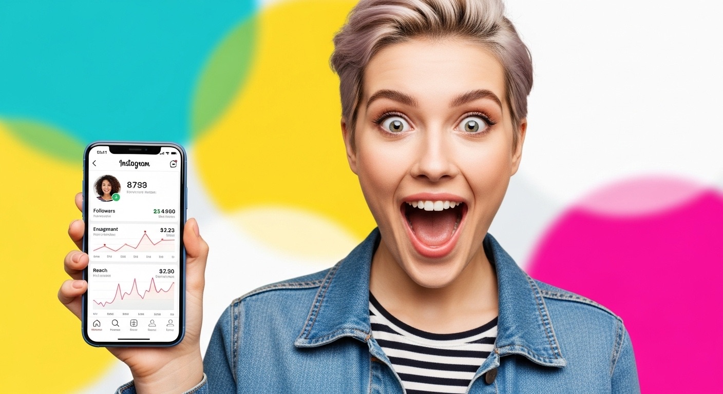 Como Comprar Seguidores Reais e Brasileiros com Segurança: Dicas e Estratégias 4 jovem segurando um iphone aberto no perfil do Instagram, mostrando estatísticas e engajamento, representando o aumento da popularidade através da estratégia de comprar seguidores para crescer na plataforma.