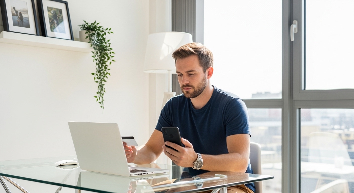 Como Ganhar Dinheiro na Internet usando o Instagram: Resultado Hoje! 1 Homem sentado em uma mesa moderna, segurando um cartão e acessando seu smartphone, demonstrando estratégias para de como ganhar dinheiro na internet e monetizar suas habilidades online.