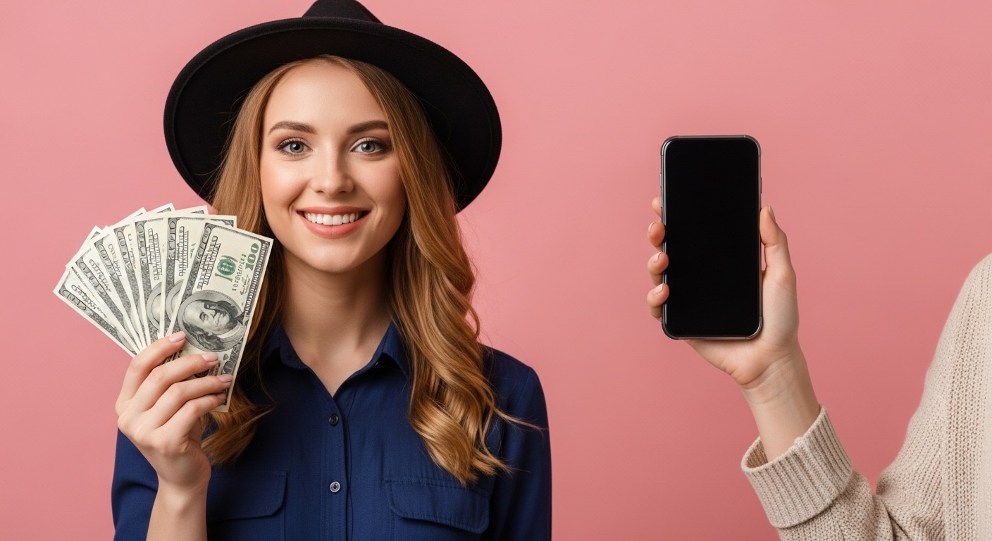 Como Ganhar Dinheiro na Internet usando o Instagram: Resultado Hoje! 2 Mulher elegante em um fundo rosa vibrante segura um maço de dólares em uma mão e um iphone na outra, simbolizando o sucesso financeiro e as possibilidades de como ganhar dinheiro na internet.
