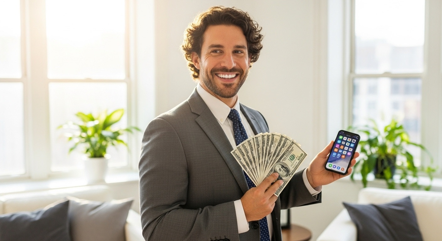Como Ganhar Dinheiro na Internet usando o Instagram: Resultado Hoje! 3 Homem de terno cinza sorridente, seguro dinheiro e um smartphone, mostrando diferentes formas de como ganhar dinheiro na internet.