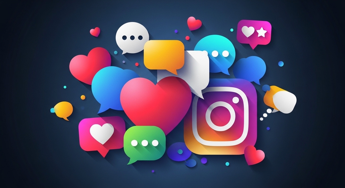Ícones coloridos e vibrantes de redes sociais, como corações, balões de conversa e o logo do Instagram, que representam a interação nas redes sociais. comprar de seguidores pode ser uma estratégia para aumentar a visibilidade e engajamento em plataformas como o Instagram.