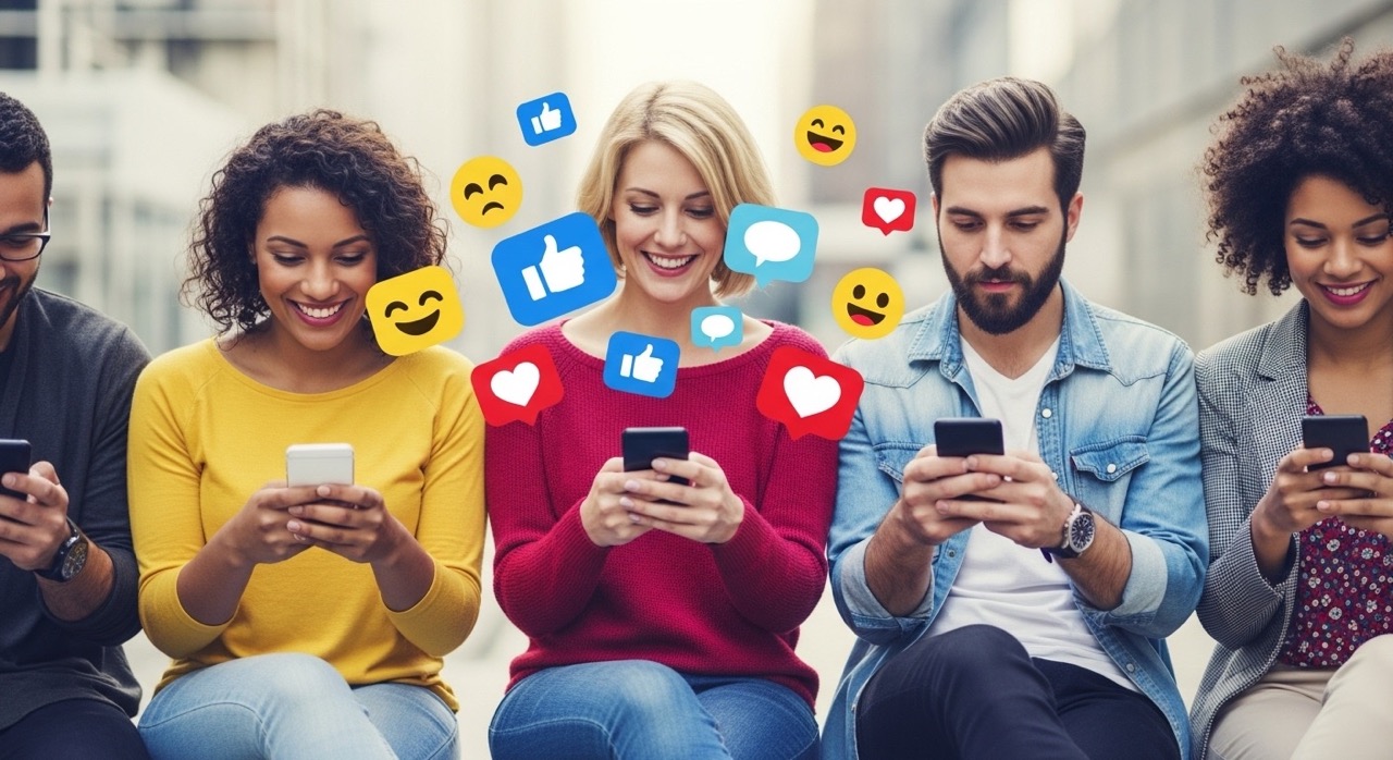 Um grupo de pessoas segurando smartphones, com ícones de reações e interações digitais flutuando, sugerindo atividades online e sociais. Comprar seguidores pode ser uma opção para quem busca aumentar seu impacto digital e conquistar mais interações nas redes sociais