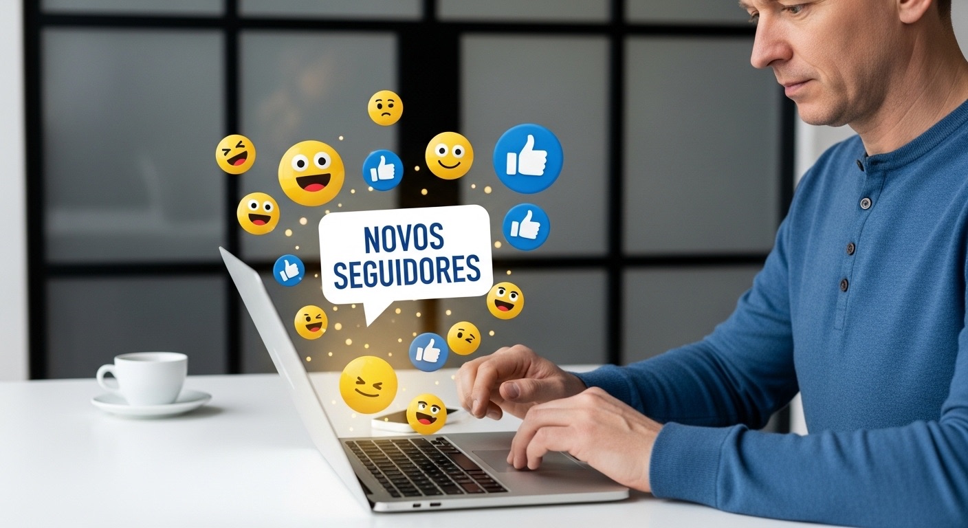 Uma pessoa digitando em um laptop com ícones de feedback, como estrelas e expressões faciais positivas, flutuando na tela. Esses ícones de avaliação podem ser associados à experiência de comprar seguidores para aumentar a credibilidade e a interação nas plataformas digitais