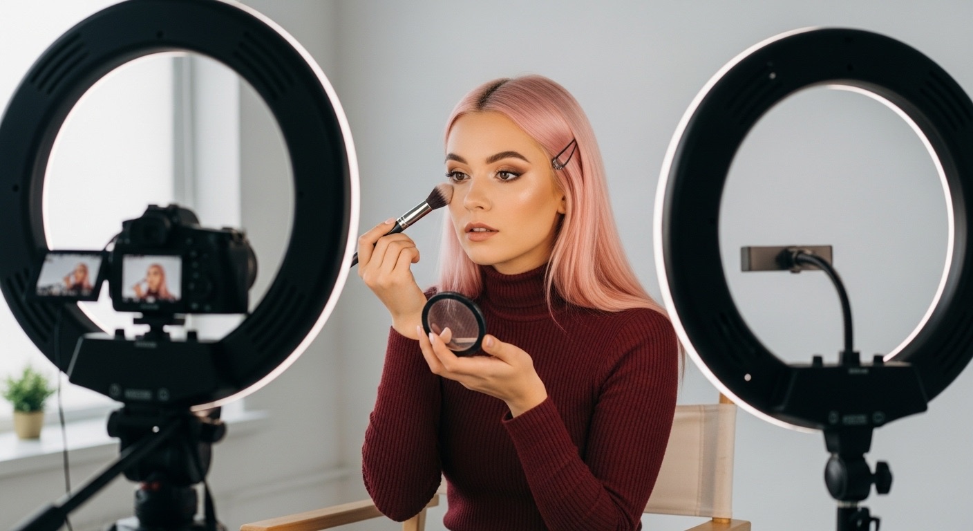 TOP 20 Influenciadores do Brasil: Os Nomes que Transformam as Redes Sociais 2 Jovens nfluenciadores do Brasil se filmando enquanto faz uma demonstração de maquiagem, usando equipamentos adequados para criar conteúdos de alta qualidade. A imagem mostra a interação entre influenciadores e suas audiências, destacando como a criação de conteúdo visual se tornou essencial para a influência digital no país.