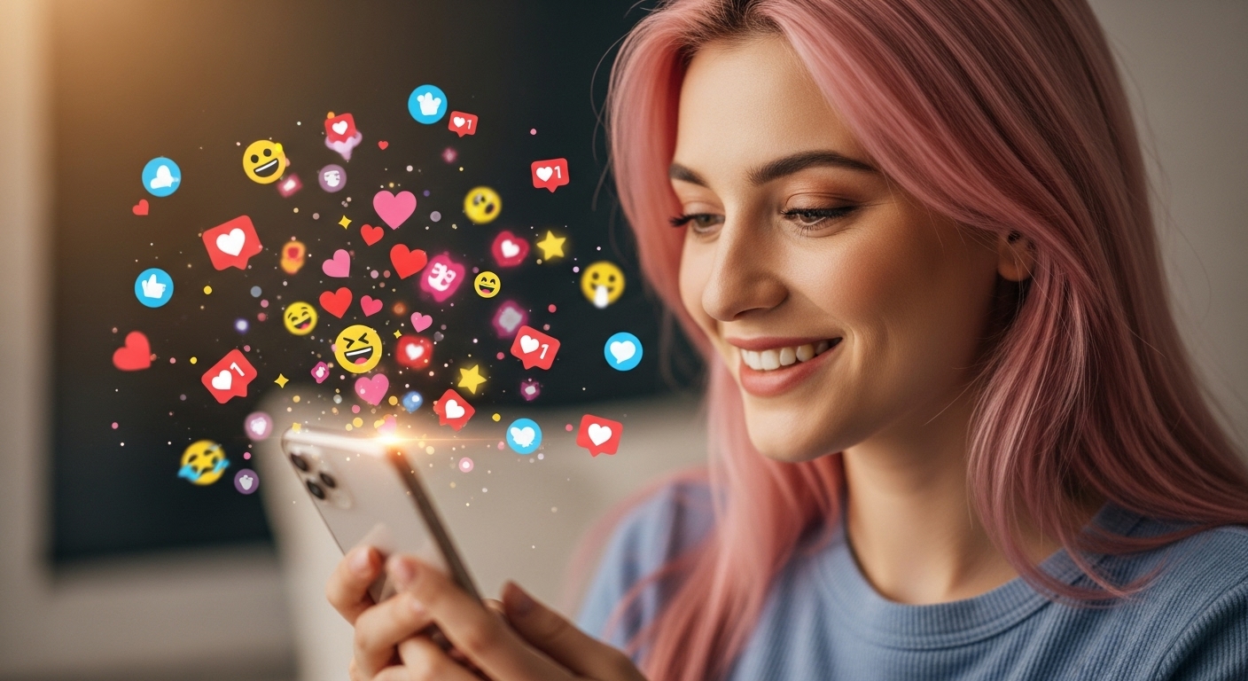 Uma mulher sorrindo enquanto interage com seu smartphone, cercada por ícones coloridos de reações e interações digitais, como corações e emojis. Esse cenário pode ser relacionado à compra de seguidores, uma estratégia comum para aumentar o engajamento e visibilidade nas redes sociais
