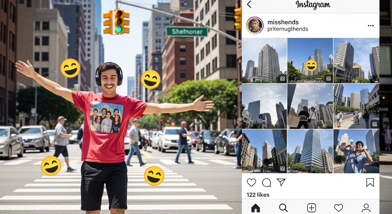 O que acontece depois de Comprar Seguidores? Estratégias para Engajamento Real 1 Vários ícones do Instagram, com um homem dançando e feliz em uma postagem no feed, depois de comprar seguidores