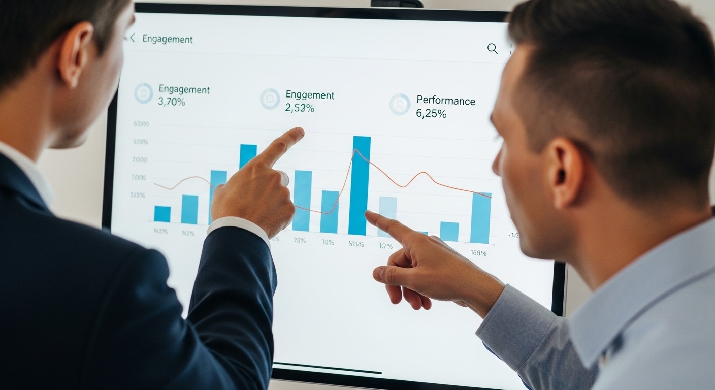 Marketing de Influência: Análise de Métricas e Campanhas 1 Duas pessoas apontando e observando um gráfico, com dados de porcentagens de engajamento e performance. Esse tipo de visualização de dados é essencial para o sucesso no Marketing de Influência, onde métricas como engajamento e alcance são fundamentais.