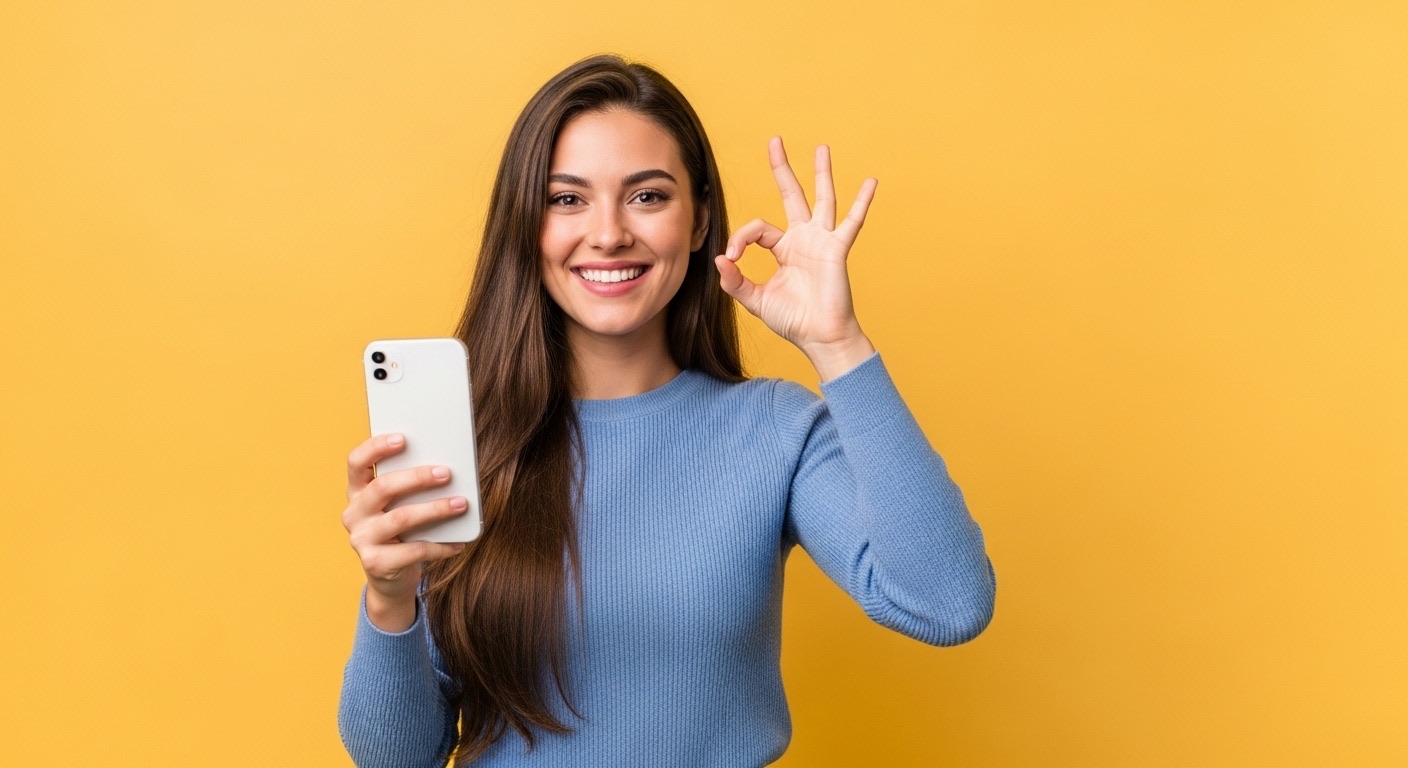 Como Comprar Seguidores Pode Ajudar Sua Marca a Crescer Online Em 2025 3 Jovem mulher sorridente com cabelo longo segurando um smartphone contra fundo amarelo, fazendo sinal de OK com a mão. Representa a satisfação de quem decidiu Comprar Seguidores para melhorar sua presença digital e agora demonstra aprovação com os resultados.