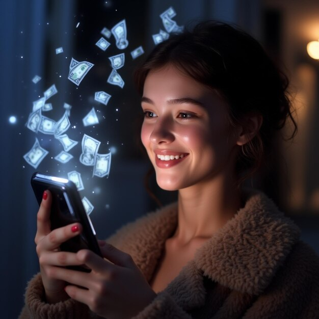 Uma jovem sorridente usa seu smartphone à noite, enquanto notas de dinheiro digitais flutuam ao seu redor, representando oportunidades de como ganhar dinheiro na internet.