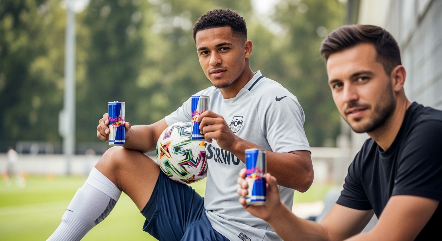 Imagem jogador de futebol e outro homem segurando garrafas de bebida, ilustrando como influenciadores podem ampliar sua visibilidade ao comprar seguidores para seus perfis