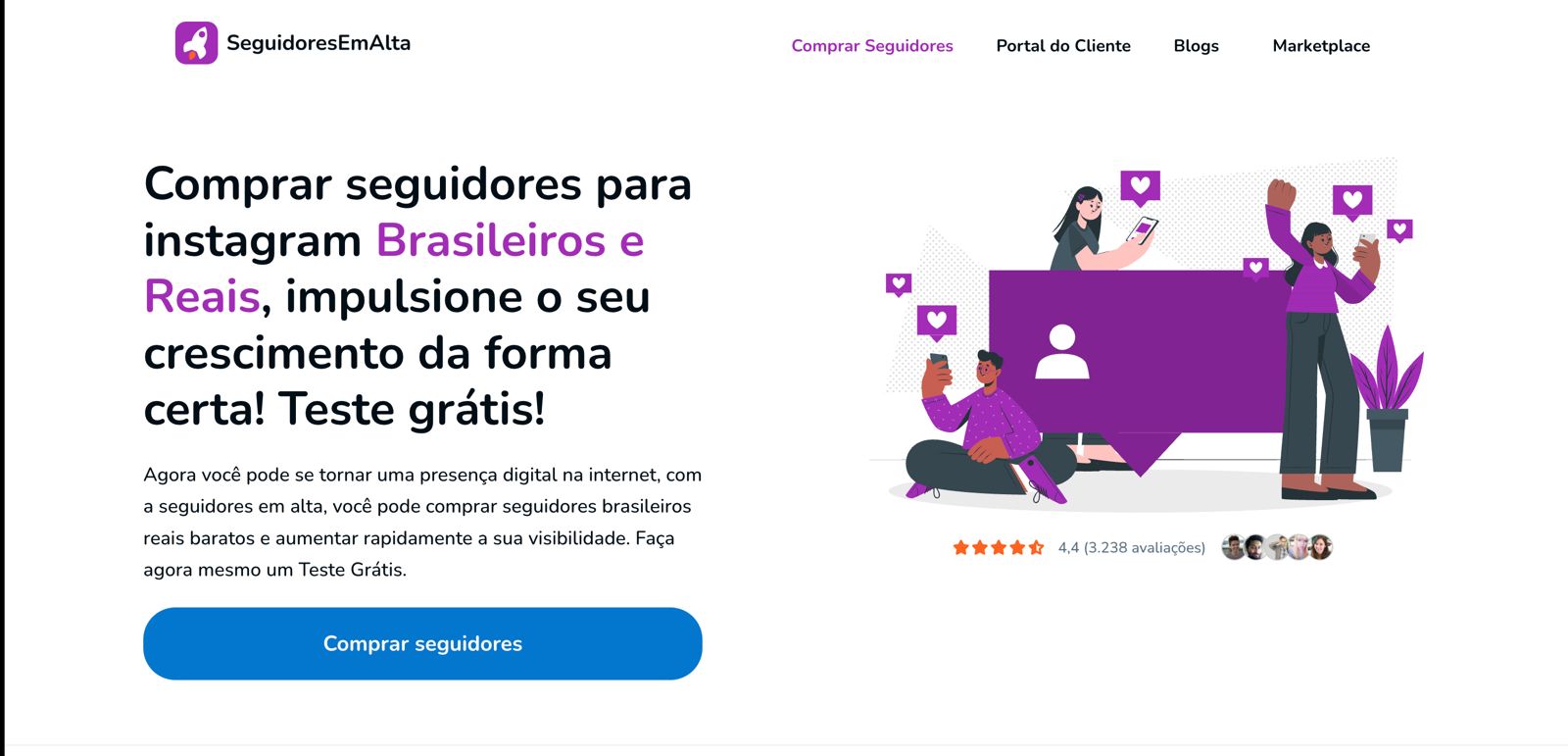 Serviço de marketing para seguidores no Instagram: página web ilustrando estratégias de compra e crescimento de seguidores no Instagram para perfis brasileiros.