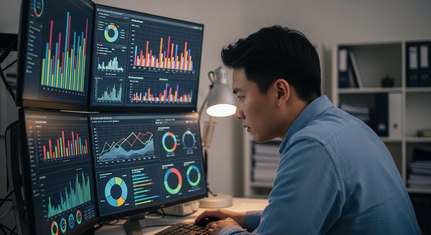 Ganhar Seguidores no Instagram: O Guia Completo de Como Aumentar Seguidores em 2025 8 analista de dados visualizando métricas e estatísticas em múltiplos monitores com gráficos coloridos. Compreender análises de desempenho é fundamental para Ganhar Seguidores no Instagram, permitindo otimizar estratégias com base em dados reais.