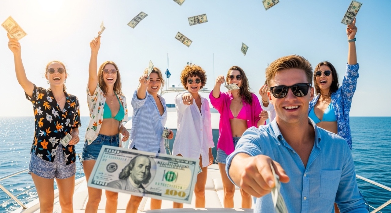 Como Ganhar Dinheiro na Internet com Pouco Investimento: O Que Funciona de Verdade? 1 homem comemorando com mulhres no barco, depois de descobrir Como Ganhar Dinheiro na Internet