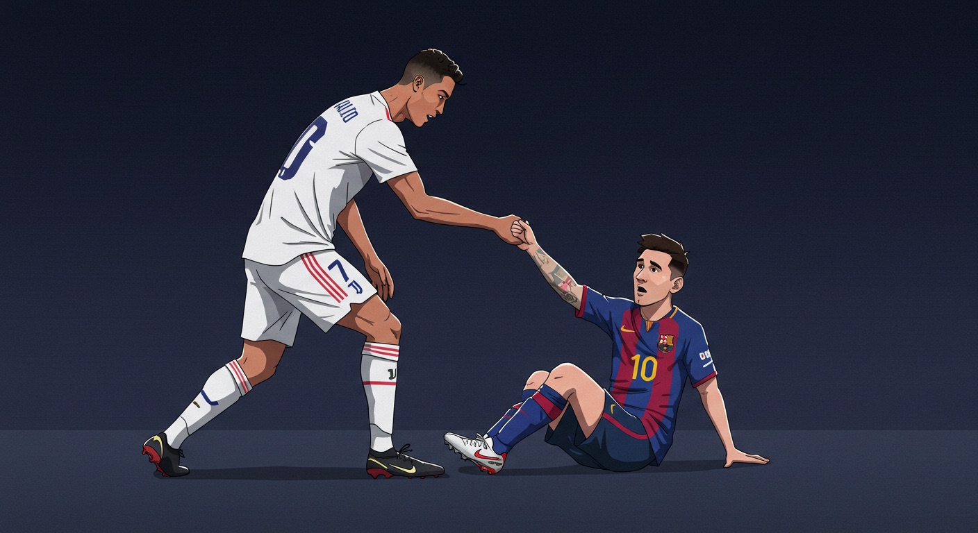 Comprar Seguidores ou Investir em Anúncios? O Que é Melhor? 6 Cristiano Ronaldo ajudando Messi a se levantar, representando apoio mútuo e, simbolicamente, como comprar seguidores pode impulsionar perfis a se reerguer e crescer nas redes sociais.