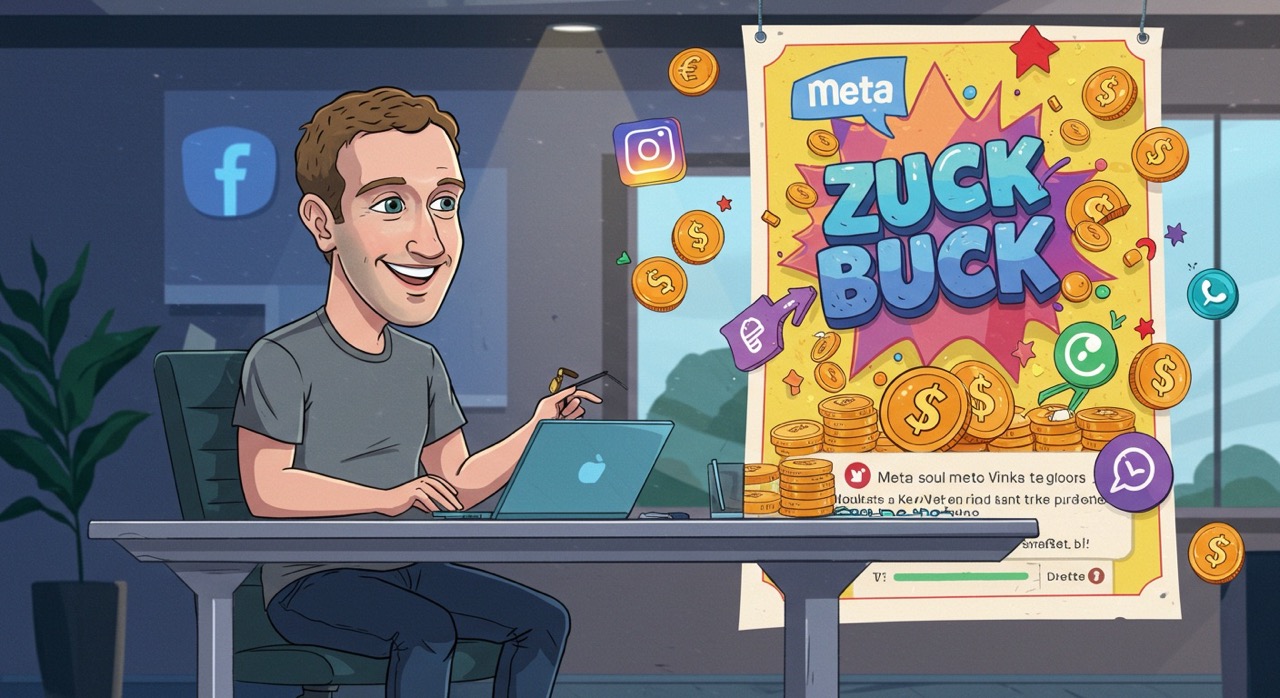 Comprar Seguidores ou Investir em Anúncios? O Que é Melhor? 2 Imagem de Mark Zuckerberg com uma nota fictícia ao fundo chamada "Zuck Buck", simbolizando a monetização e estratégias pagas para comprar seguidores nas plataformas do Meta.