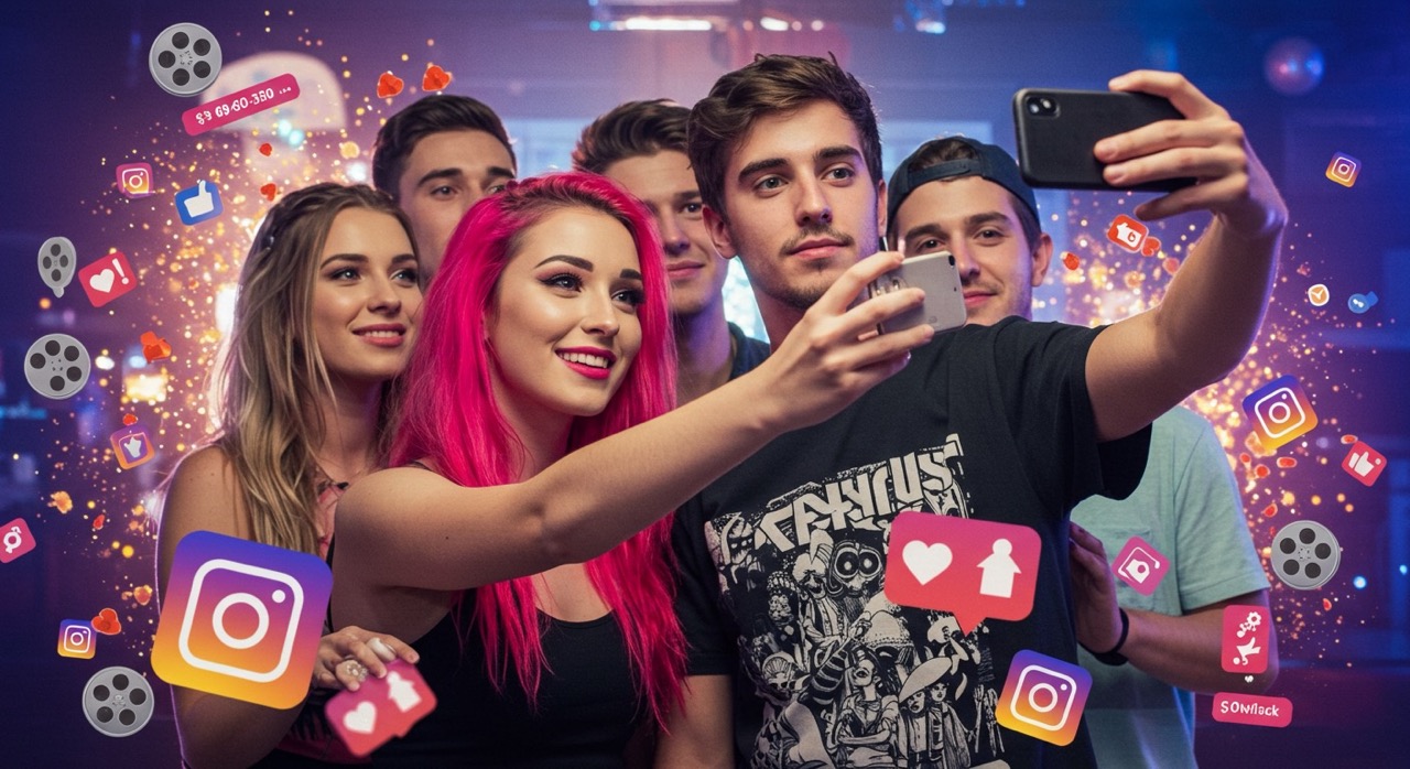 Comprar Seguidores ou Investir em Anúncios? O Que é Melhor? 4 Jovens tirando selfies rodeados por ícones de curtidas e reels do Instagram, simbolizando o impacto e o crescimento ao comprar seguidores na plataforma.
