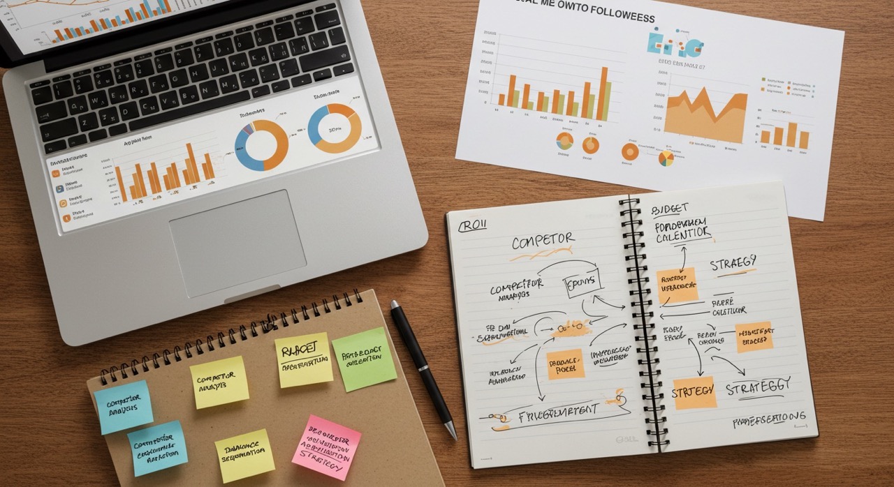 Comprar Seguidores ou Investir em Anúncios? O Que é Melhor? 5 Mesa com gráficos de desempenho, notebook e caderno de anotações, sugerindo planejamento estratégico de marketing digital para comprar seguidores de forma inteligente.