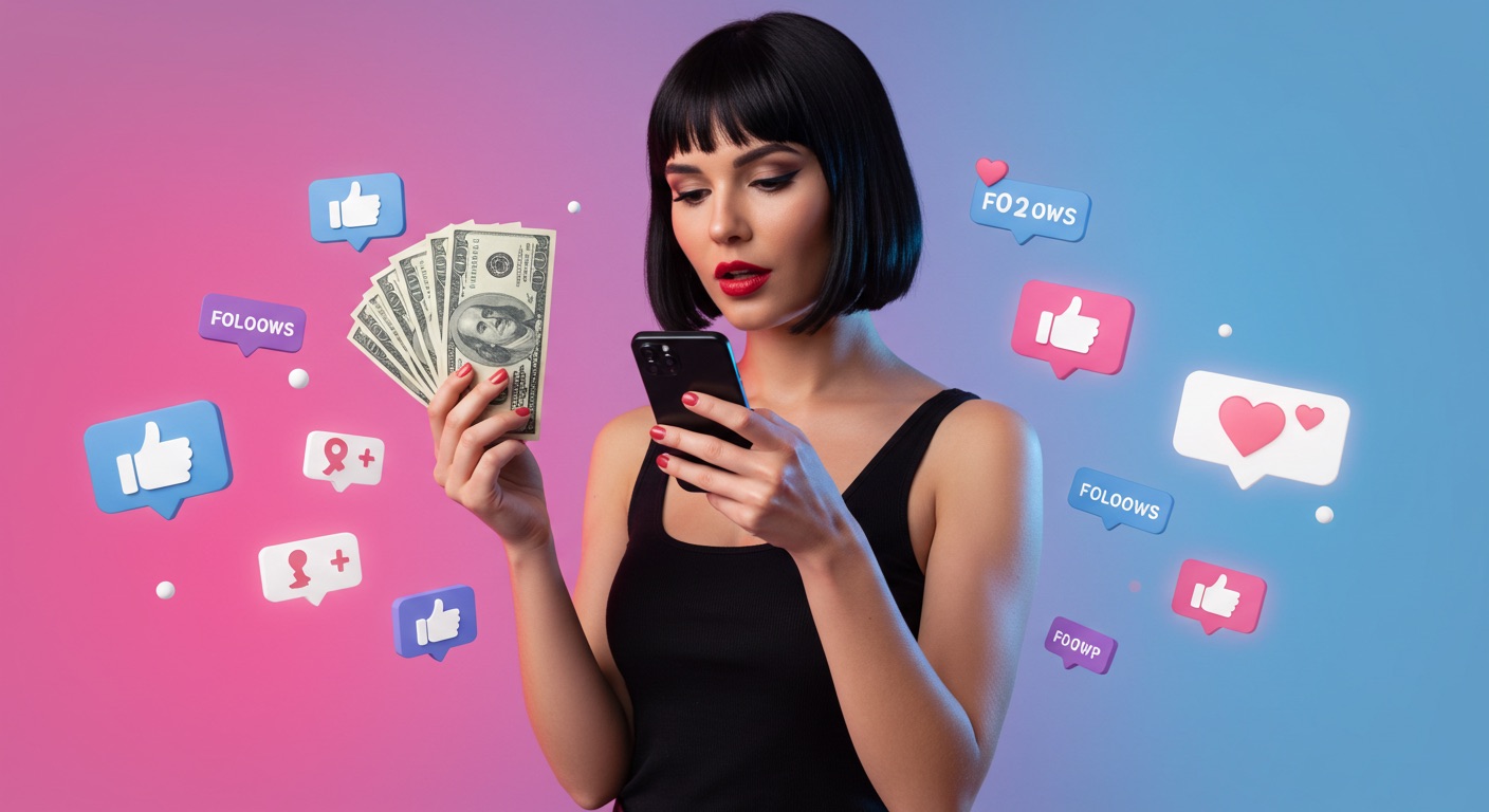 Comprar Seguidores ou Investir em Anúncios? O Que é Melhor? 1 Pessoa segurando cédulas enquanto ícones de curtidas e seguidores flutuam, representando visualmente o conceito de comprar seguidores para redes sociais.