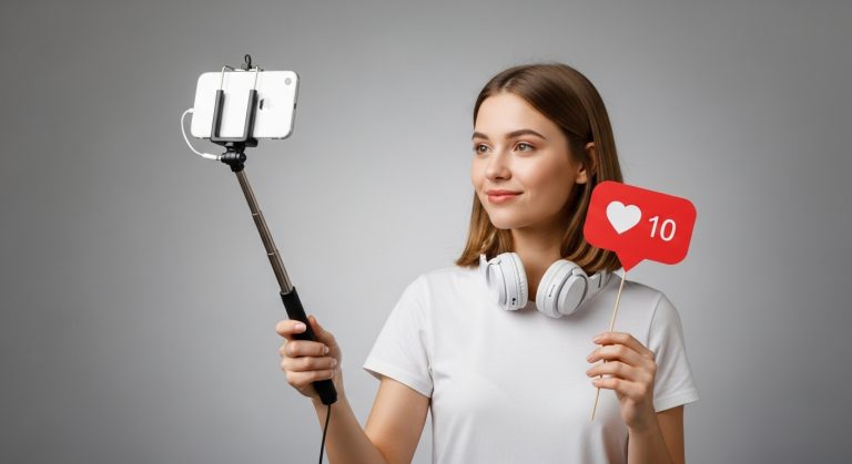 Influenciadora segurando celular em um bastão de selfie enquanto grava conteúdo digital, com fone de ouvido no pescoço e ícone de curtidas nas mãos, representando o universo dos influenciadores nas redes sociais.