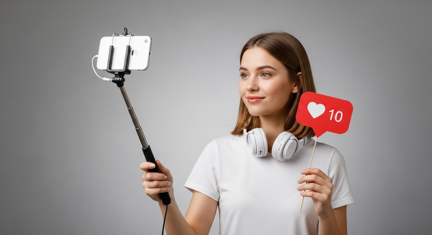 Influenciadora segurando celular em um bastão de selfie enquanto grava conteúdo digital, com fone de ouvido no pescoço e ícone de curtidas nas mãos, representando o universo dos influenciadores nas redes sociais.