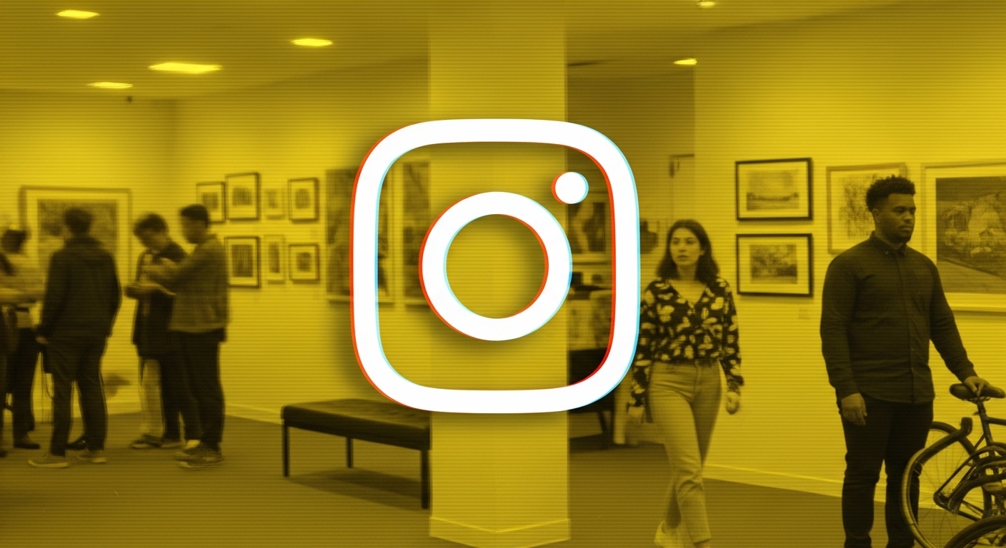 Reels para Empresas: Descubra Como Transformar Vídeos Curtos em Resultados Reais 2 O logo do Instagram em primeiro plano, com um efeito 3D e cores ciano e magenta, está sobre uma imagem com filtro amarelo. Ao fundo, uma galeria de arte borrada com pessoas observando quadros. O conjunto da imagem representa o alcance de Reels para empresas no universo digital.